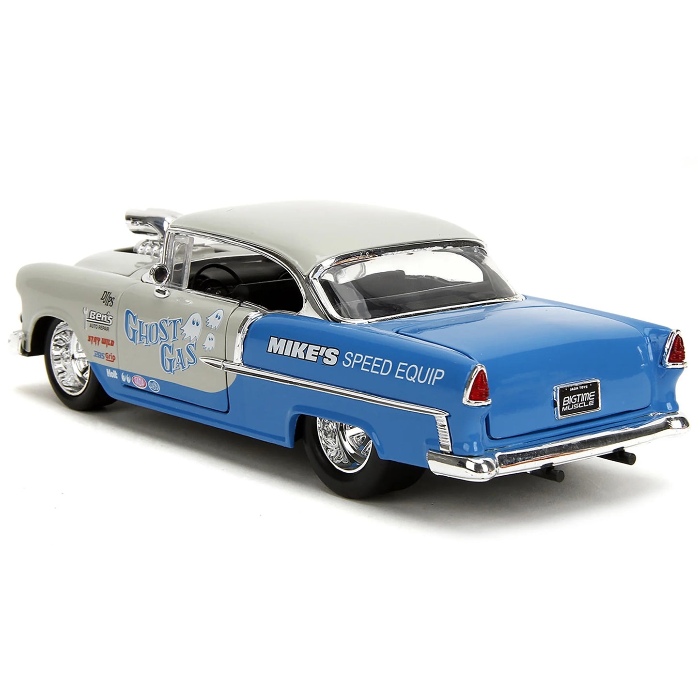 1955 Chevrolet Bel Air "Ghost Gas - Mike's Speed Equip" Light Gray & Blue "Bigtime Muscle" Series 1/24 Diecast Model Car by Jada(Selections May Vary)