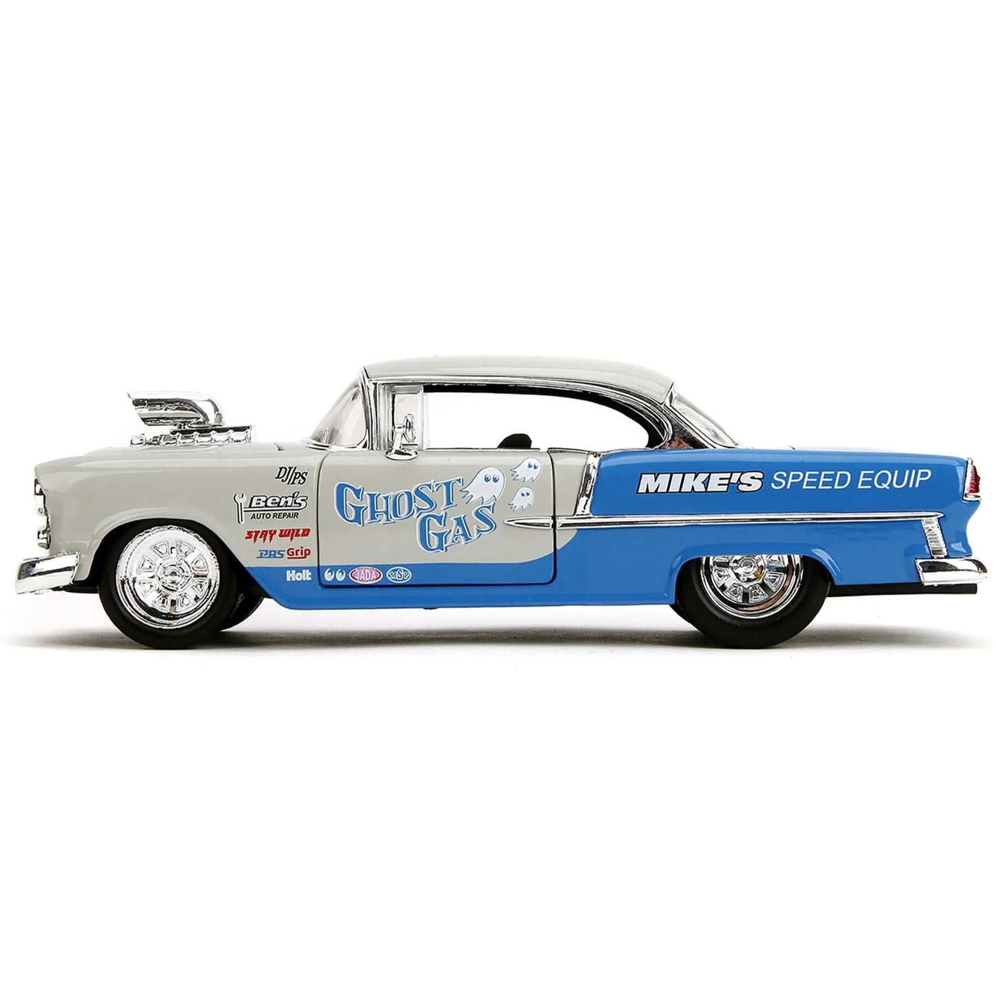 1955 Chevrolet Bel Air "Ghost Gas - Mike's Speed Equip" Light Gray & Blue "Bigtime Muscle" Series 1/24 Diecast Model Car by Jada(Selections May Vary)