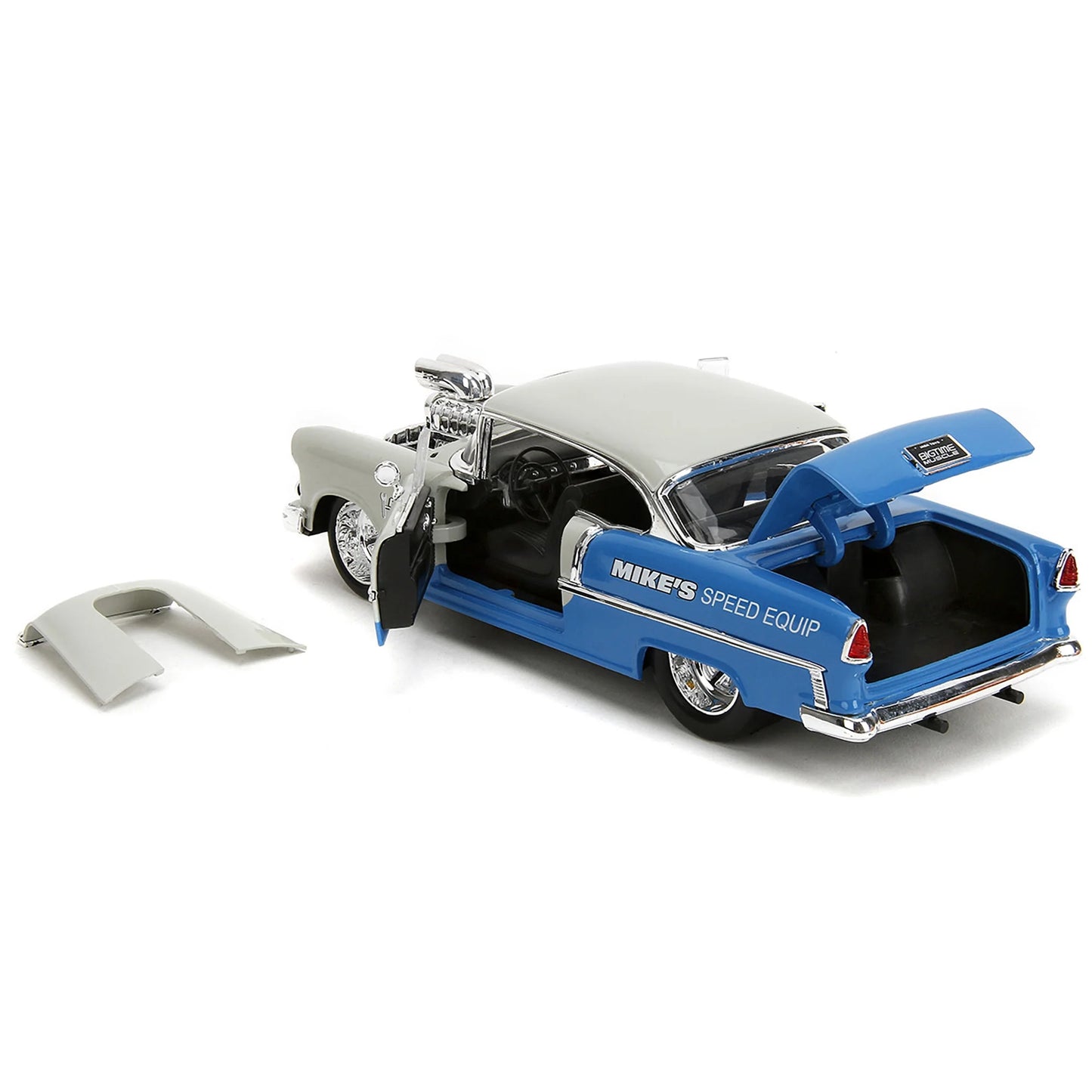 1955 Chevrolet Bel Air "Ghost Gas - Mike's Speed Equip" Light Gray & Blue "Bigtime Muscle" Series 1/24 Diecast Model Car by Jada(Selections May Vary)