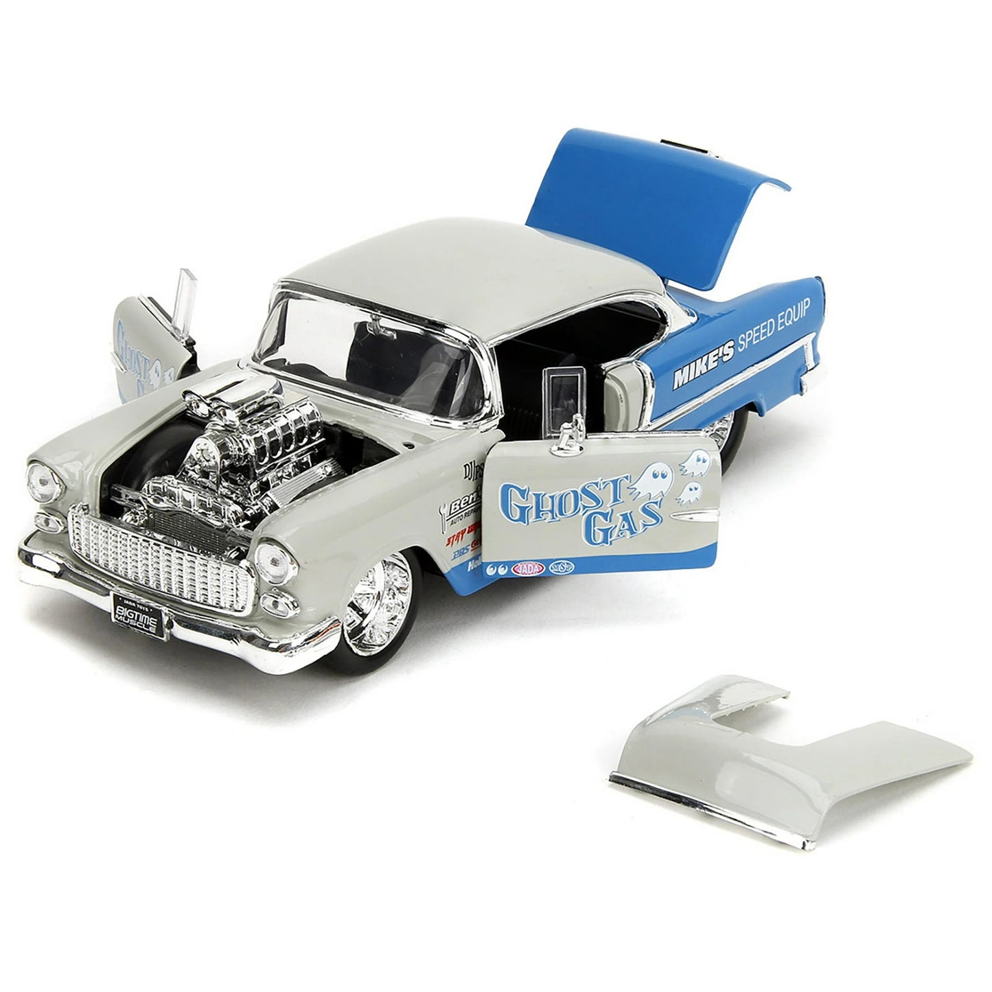 1955 Chevrolet Bel Air "Ghost Gas - Mike's Speed Equip" Light Gray & Blue "Bigtime Muscle" Series 1/24 Diecast Model Car by Jada(Selections May Vary)